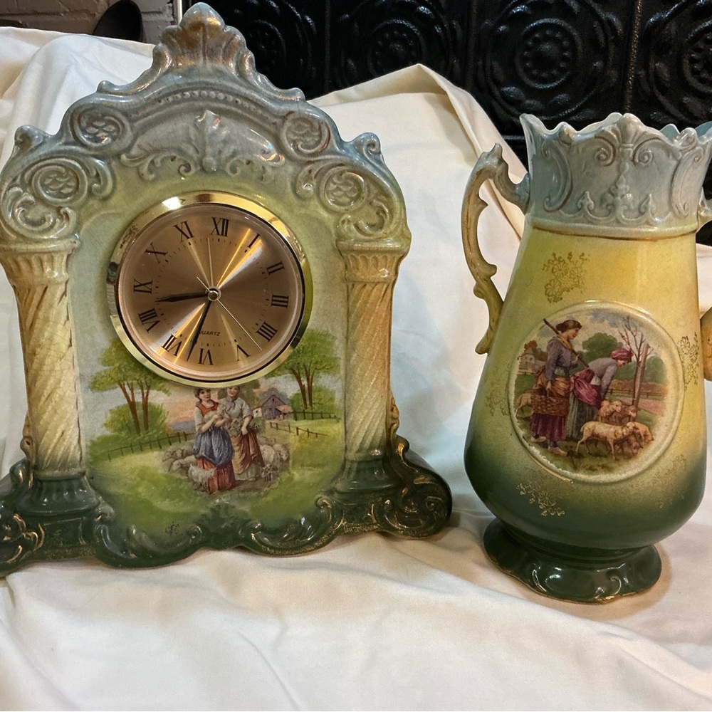 Gorgeous Antique Porcelain Case clock with matching vase in green/blue/yellows